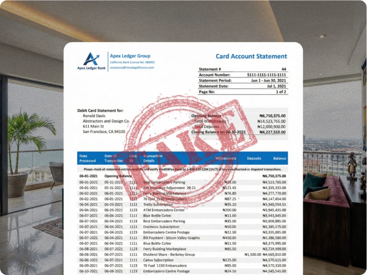 Forged bank statement with FAKE stamp overlaid on office interior