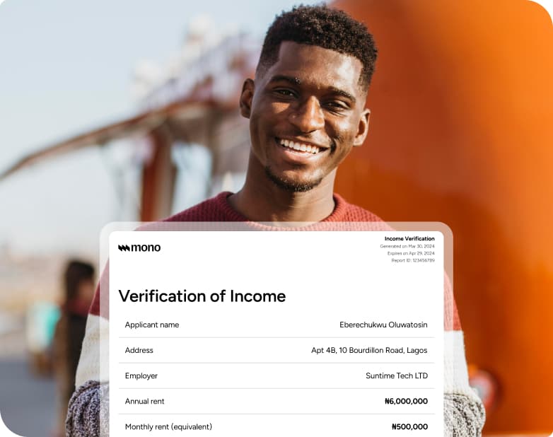 Smiling man with income verification report showing Verification of Income details