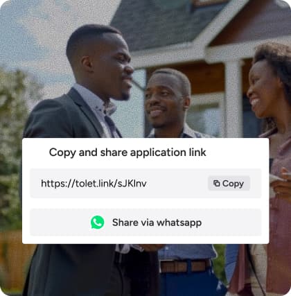 People talking outside a house with an overlay showing a shareable application link and WhatsApp share button