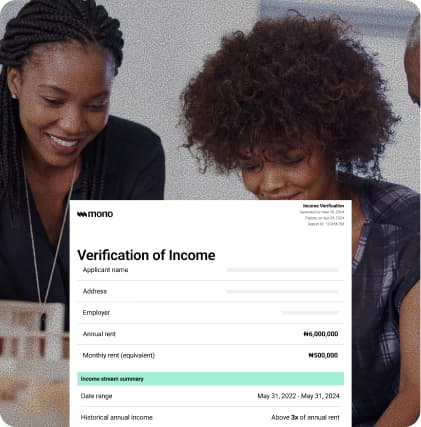 People smiling with an overlay showing a Mono income verification report with applicant details and income summary