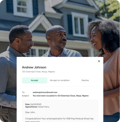 People outside a house with an overlay showing application acceptance interface with accept, condition, and decline options