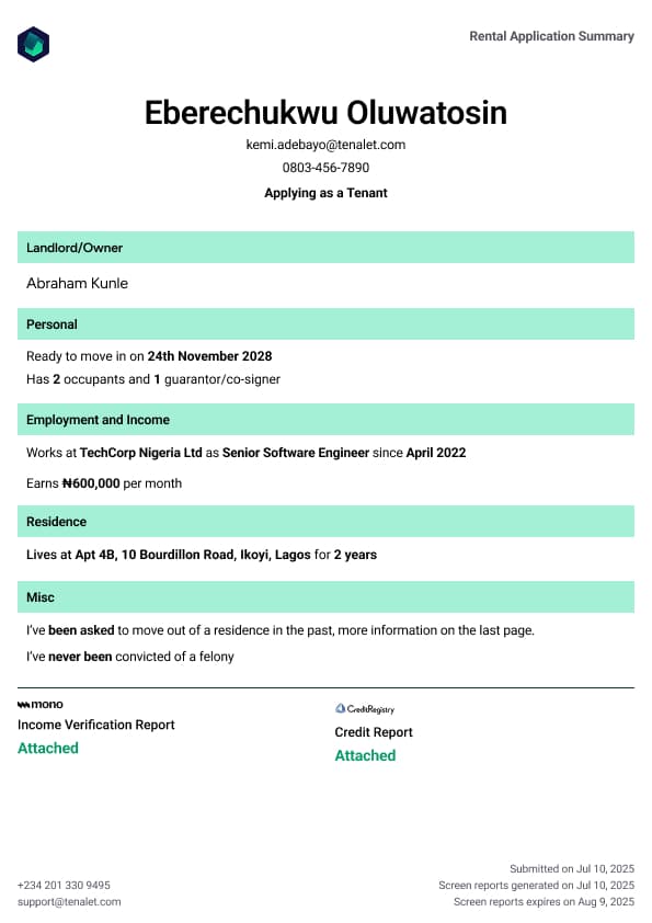Sample Rental Application Summary