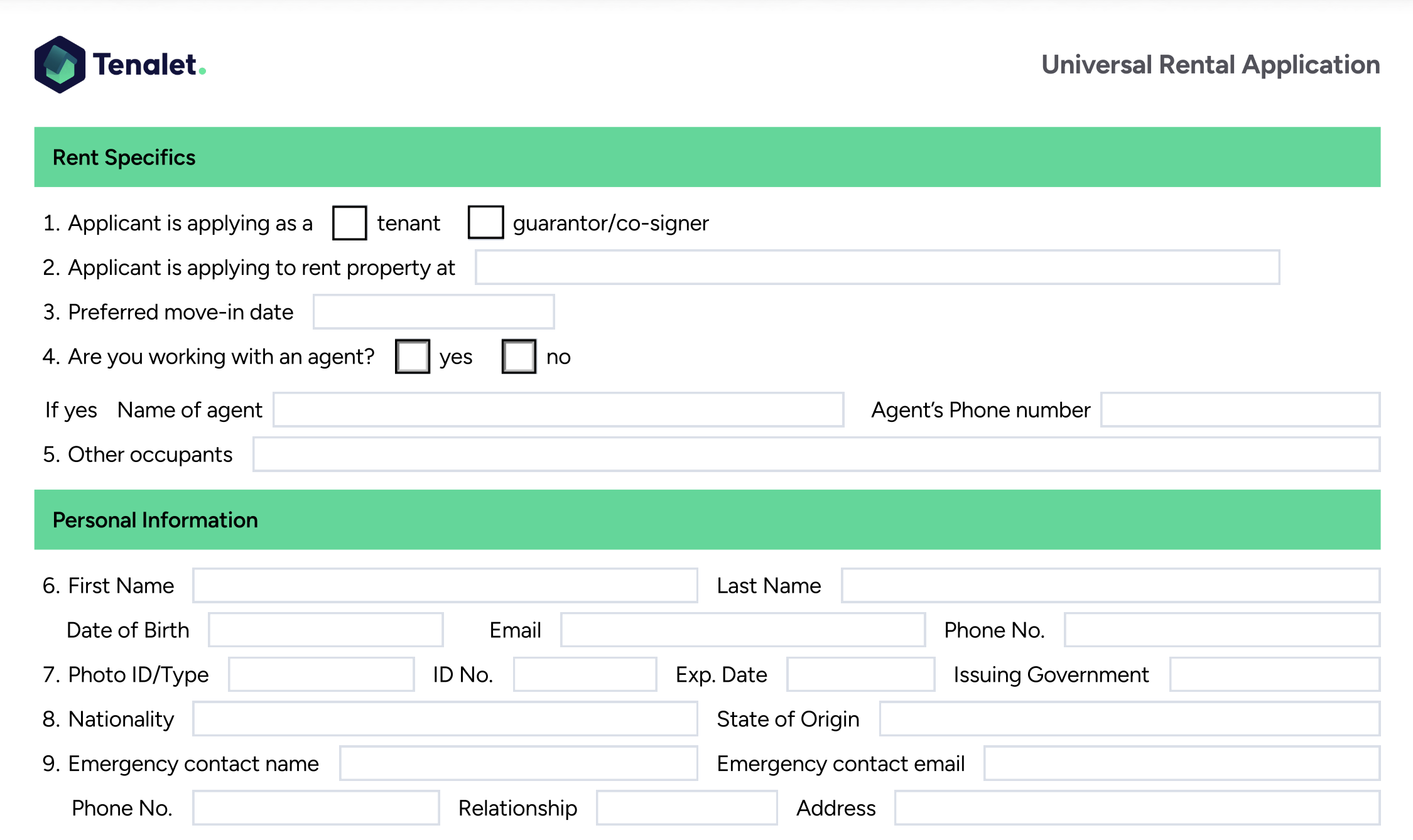 Tenalet Universal Rental Application Form Preview