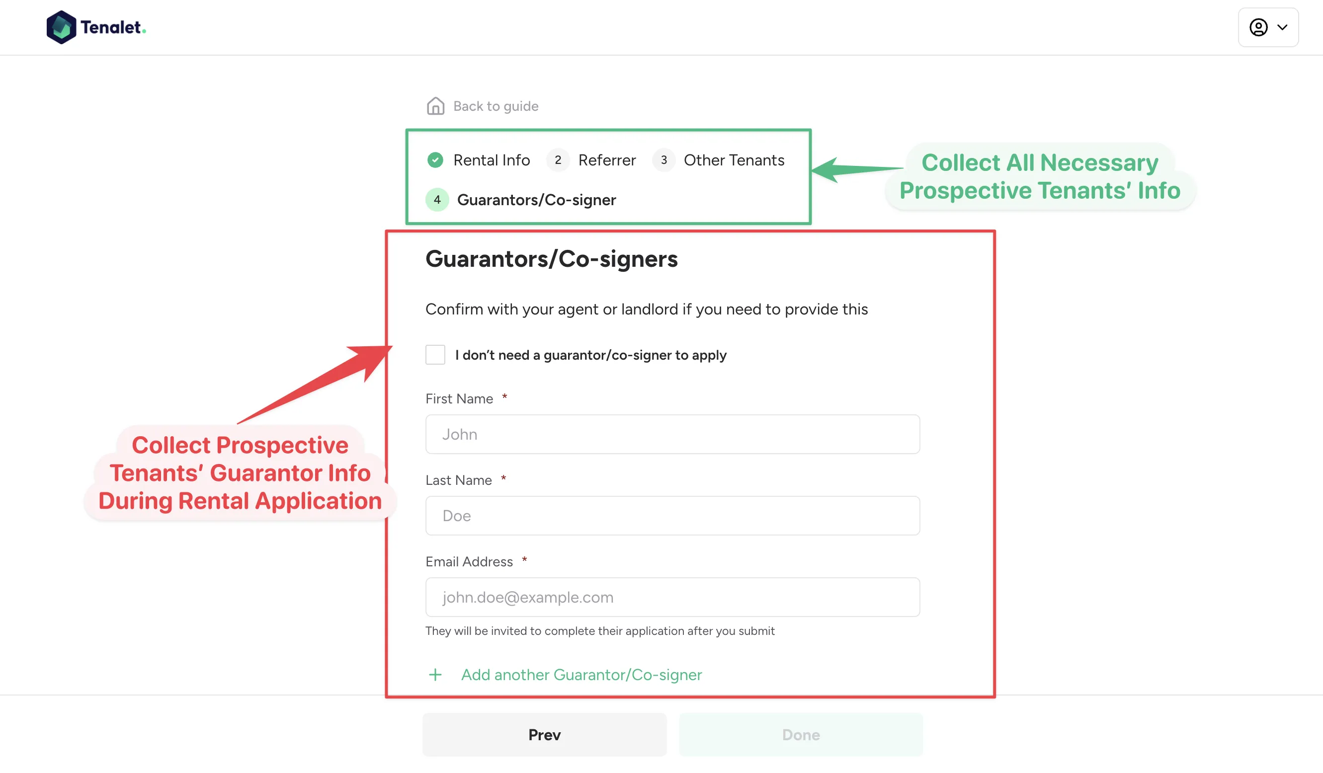Tenalet's online rental application collecting prospective tenant and guarantor information